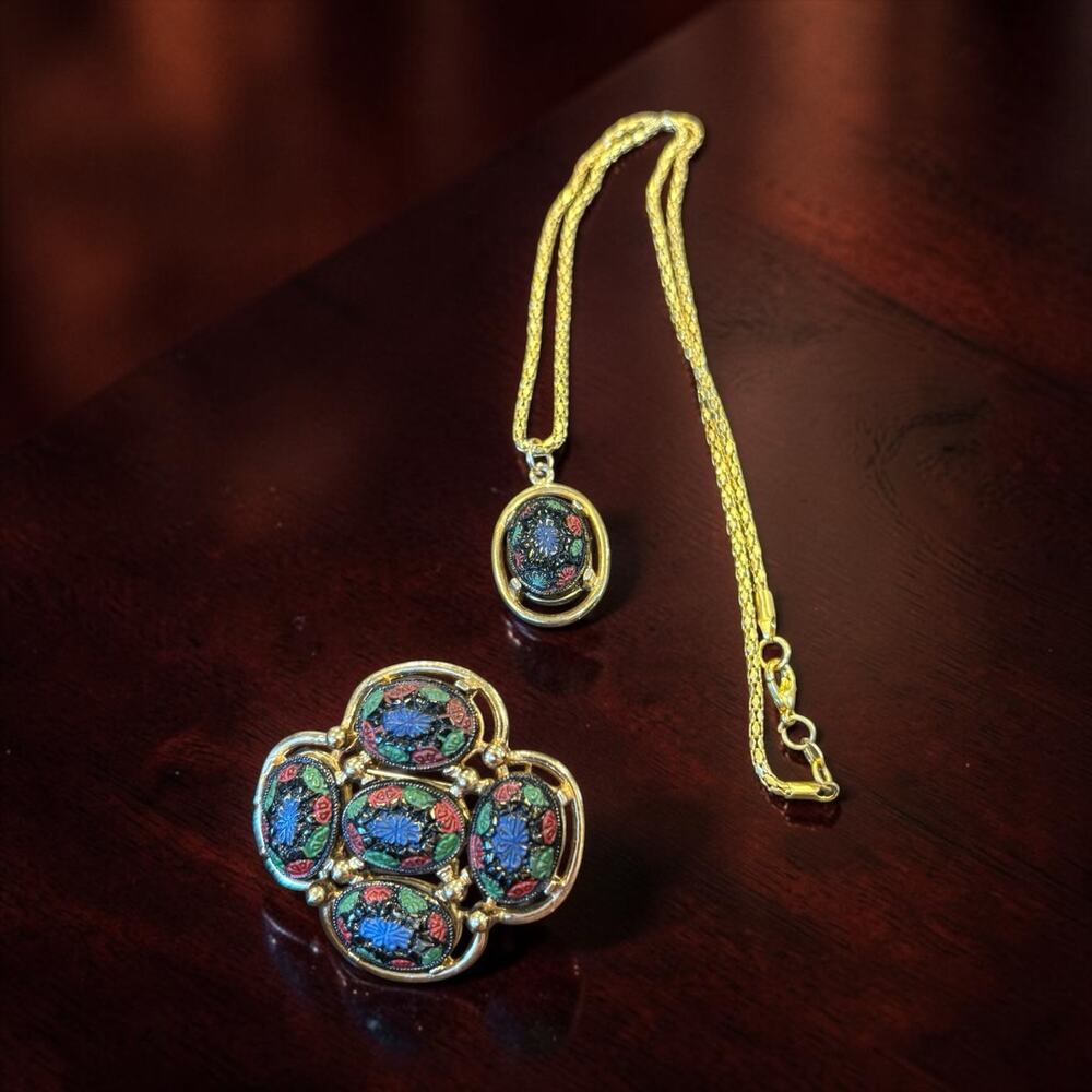 Sarah Coventry Mosaic Medallion Demi Parure Brooch Necklace Set